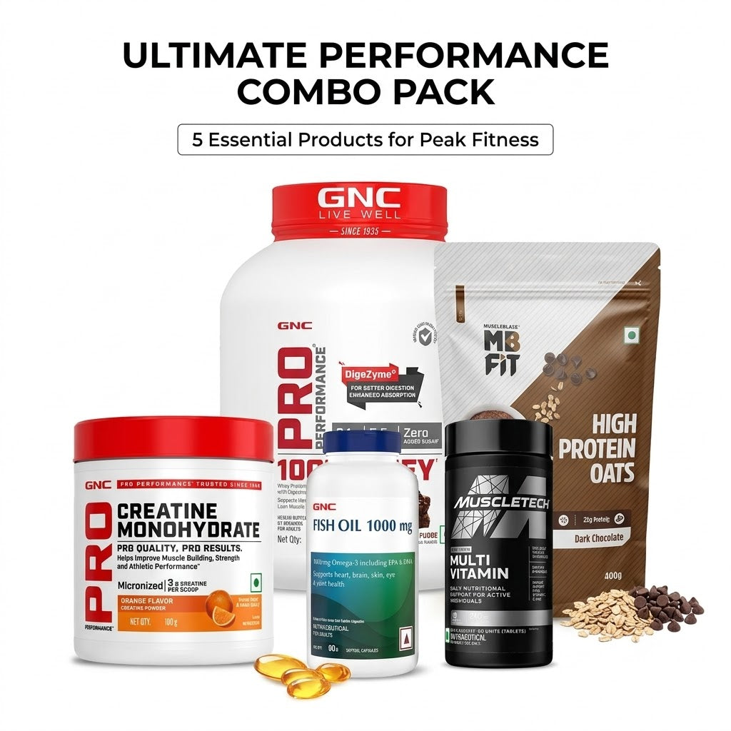 GNC whey +GNC creatine + GNC fish oil +  MUSCLETECH Multivitamin +MB FIT High protein oats