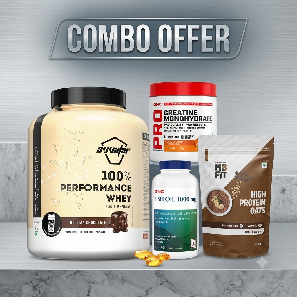 Avvatar Performance Whey + GNC creatine + GNC Fish Oil+ MB Fit High Protein Oats