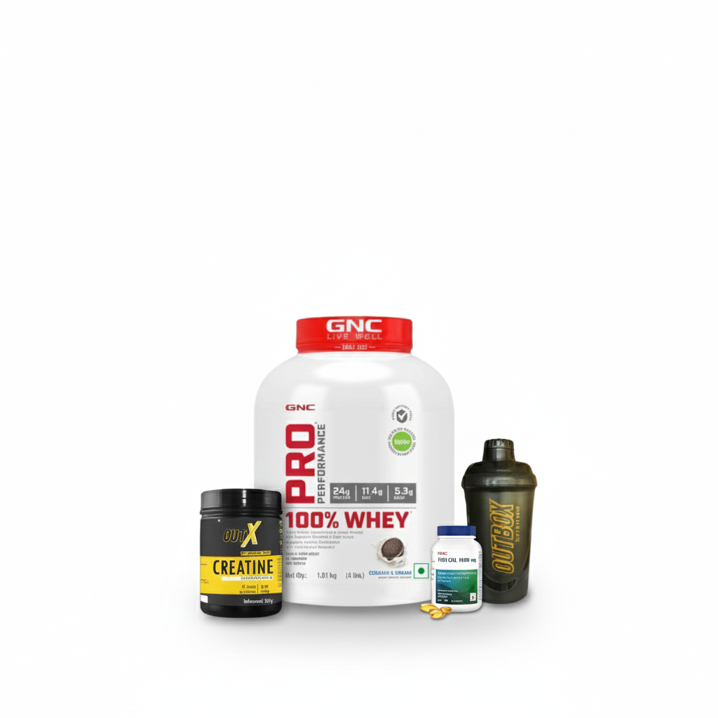 GNC WHEY 1.81KG, OUTX CREATINE-250G, GNC FISH OIL, FREE SHAKER COMBO