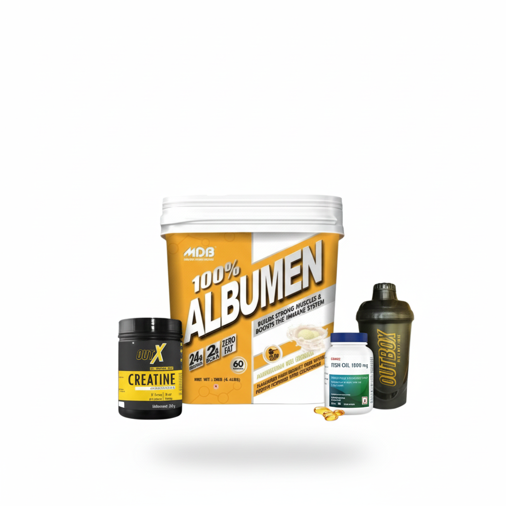 MDB EGG ALBUMEN-2KG|OUTX CREATINE-250G|GNC FISH OIL|FREE SHAKER COMBO