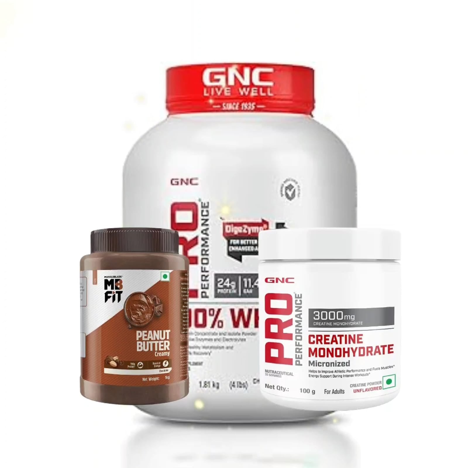 GNC Whey 2 KG ,GNC Creatine 100 Grams And MB peanut Butter Combo