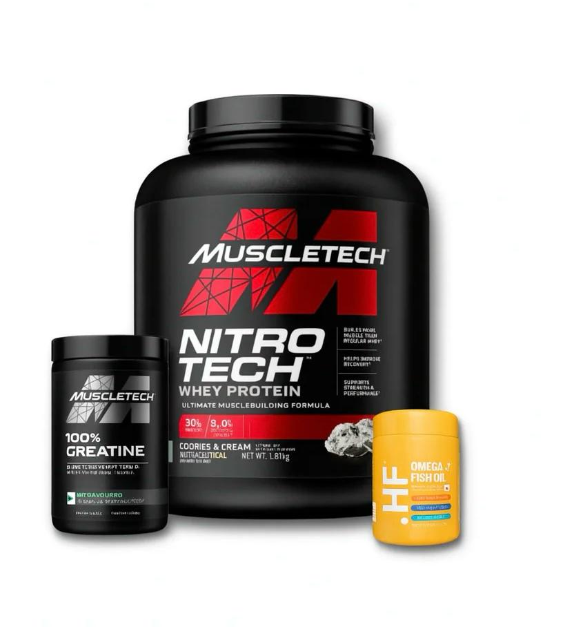 MUSCLETECH WHEY PROTEIN-2KG|MUSCLETECH CREATINE-250G|HEALTHFARM FISH OIL