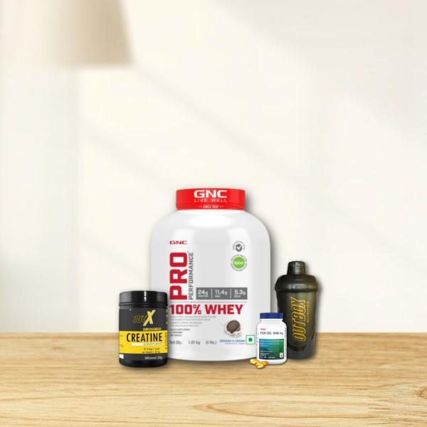 GNC WHEY 1.81KG, OUTX CREATINE-250G, GNC FISH OIL, FREE SHAKER COMBO